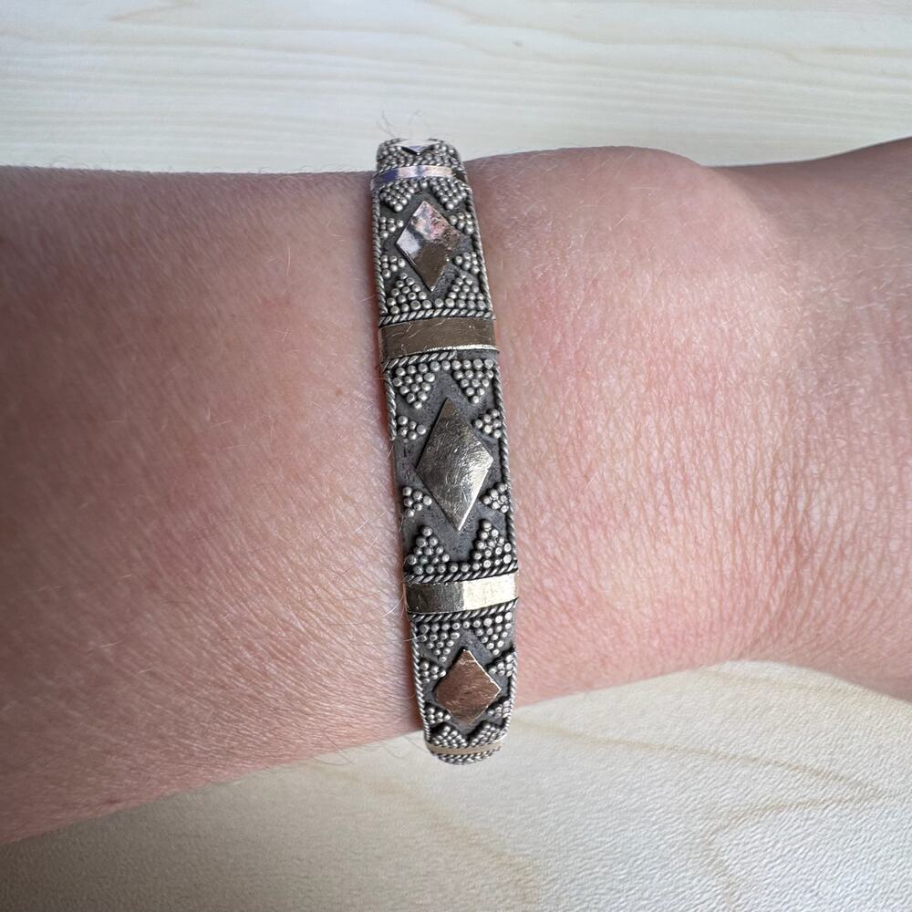 Vintage 925 Silver and Gold Plated Balinese Dot and Diamond Cuff Bracelet